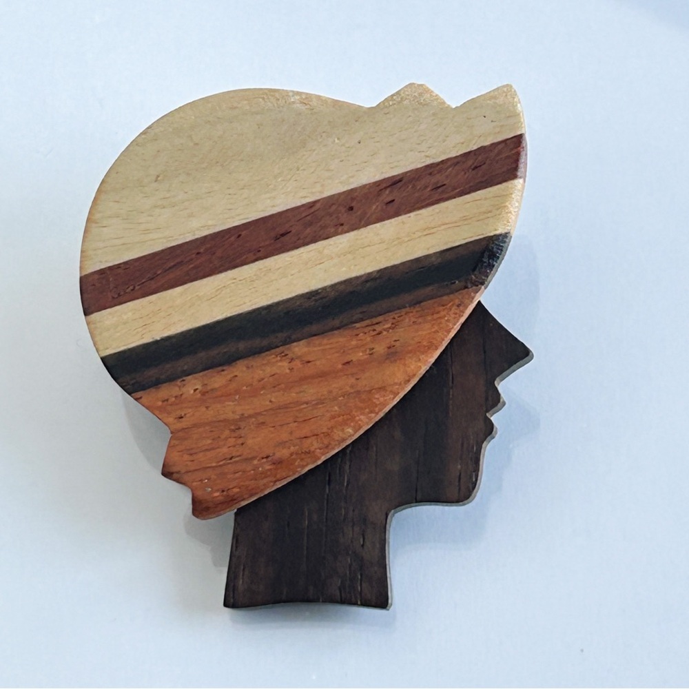 VINTAGE Brooch Marquetry Wood Lady Profile Brooch Art Deco Modernist Pin